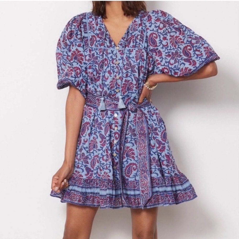 Cleobella Reign Blue Paisley Floral Puff Sleeve Mini Dress XS